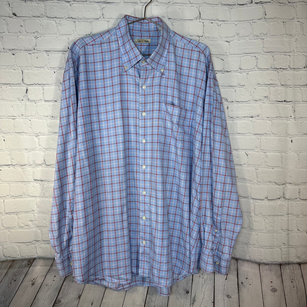 Peter Millar Mens XL Blue Red Plaid Cotton Button Down Shirt Long Sleeve L/S